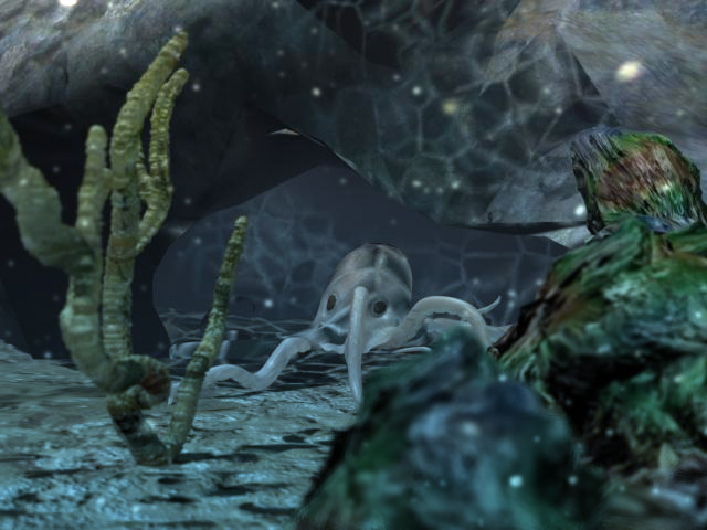 Aquatic scene with an octopus.  Another 3D Studio Max Drawing.  Also used photoshop on this one.